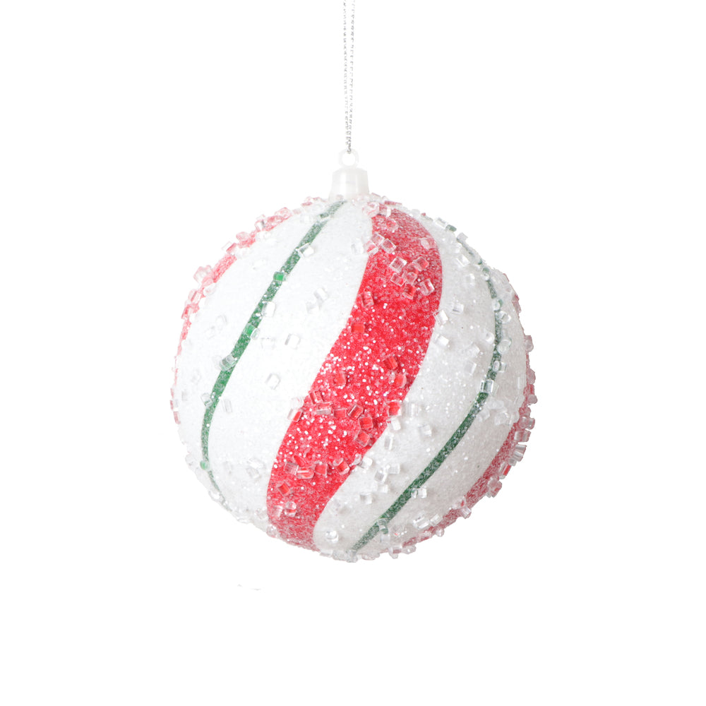 Vickerman 4" White Red Green Swirl Ball Ornament 3 per bag.