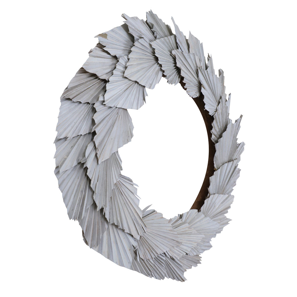 Vickerman Natural Botanicals 24" White Washed Palm Spear Wreath. This wreath measures 24 inches in diameter. It features white washed palm spear leaves on a coco fiber base. This is a dried and preserved natural product.