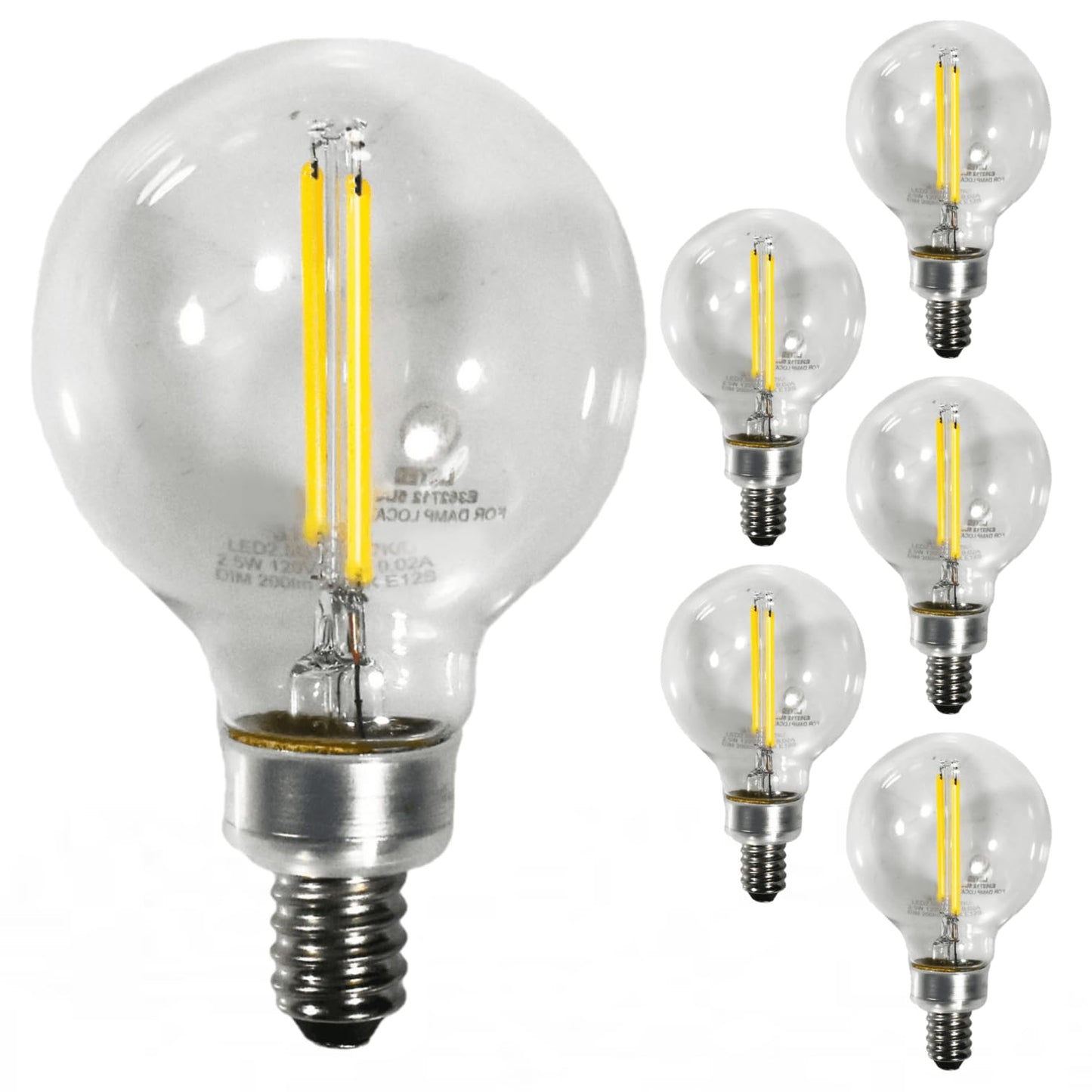 Damar- G16.5 LED Filament Light Bulb 2.5W 200 Lumens Dimmable 2700K Warm White E12S Candelabra Base Pack of 6- Small Globe Edison Clear Bulb for Chandelier Ceiling Fan Vanity Pendant