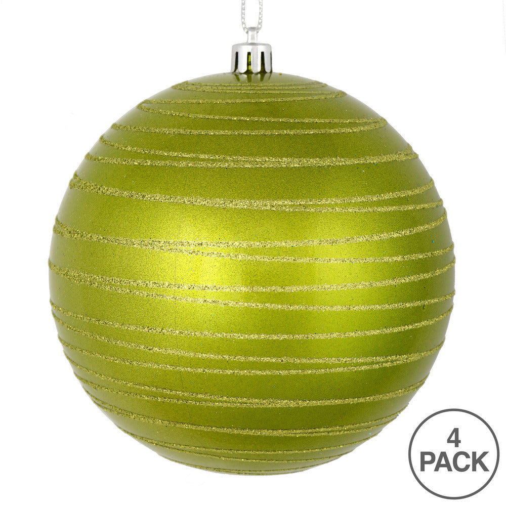Vickerman 4" Lime Candy Finish Ball Ornament with Glitter Lines 4 per Bag