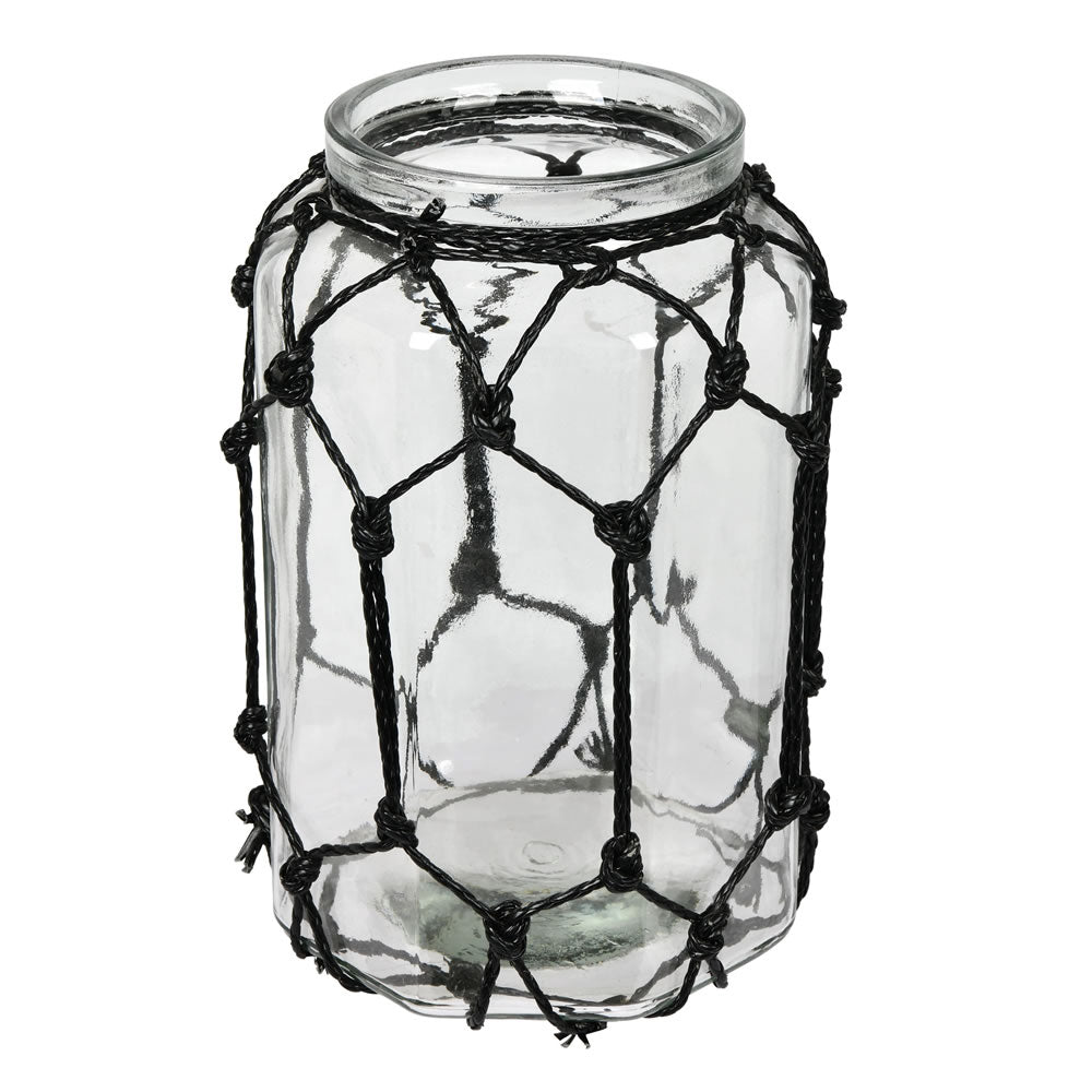 Vickerman 10.3" Glass Jar with Black Rope. This glass jar measures about 10 inches tall and 6.5 inches wide. The jar is accented with black rope tied in a diamond pattern. This jar can stand on its own or be paired with your favorite floral to make a colo