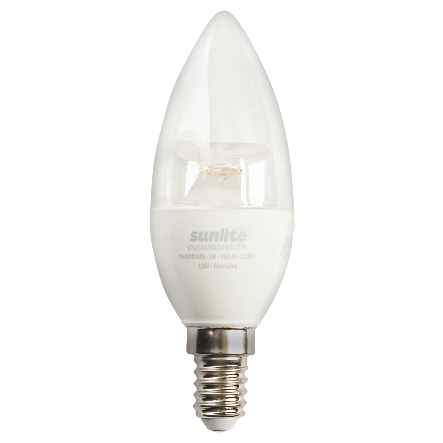 Sunlite 81486 LED B10 Clear Torpedo Tip Chandelier Light Bulb, 5 Watts (40W Equivalent) 470 LUMENS, European E14 Base, Dimmable, 2700K Warm White - 6 Pack