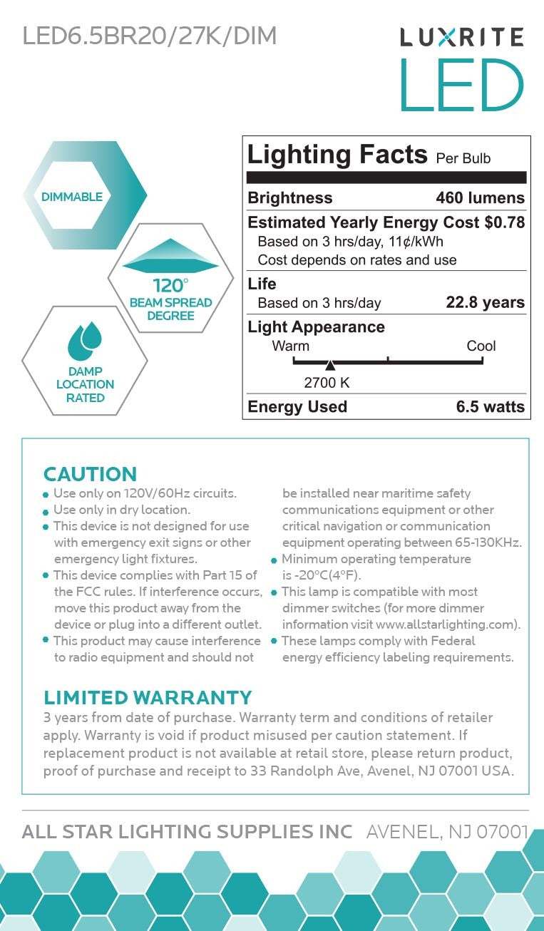 Luxrite LED BR20 Light Bulb, 6.5W, 460 Lumens, 2700K - Warm White, 80 CRI, Frosted White Finish, Dimmable (LR31840)