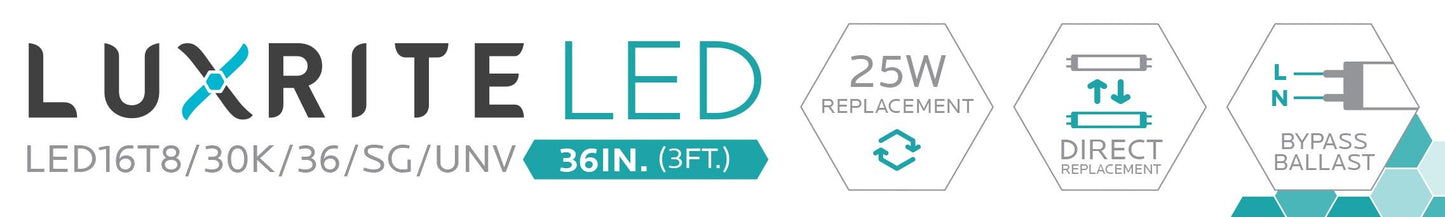 Luxrite LED 3' T8 Universal 16W Shatter Proof Ballast Compatible Light Tube, G13 Base, 1600 Lumens, 3000K - Soft White, 83 CRI, Frosted White Finish, Pack of 5 (LR34075)