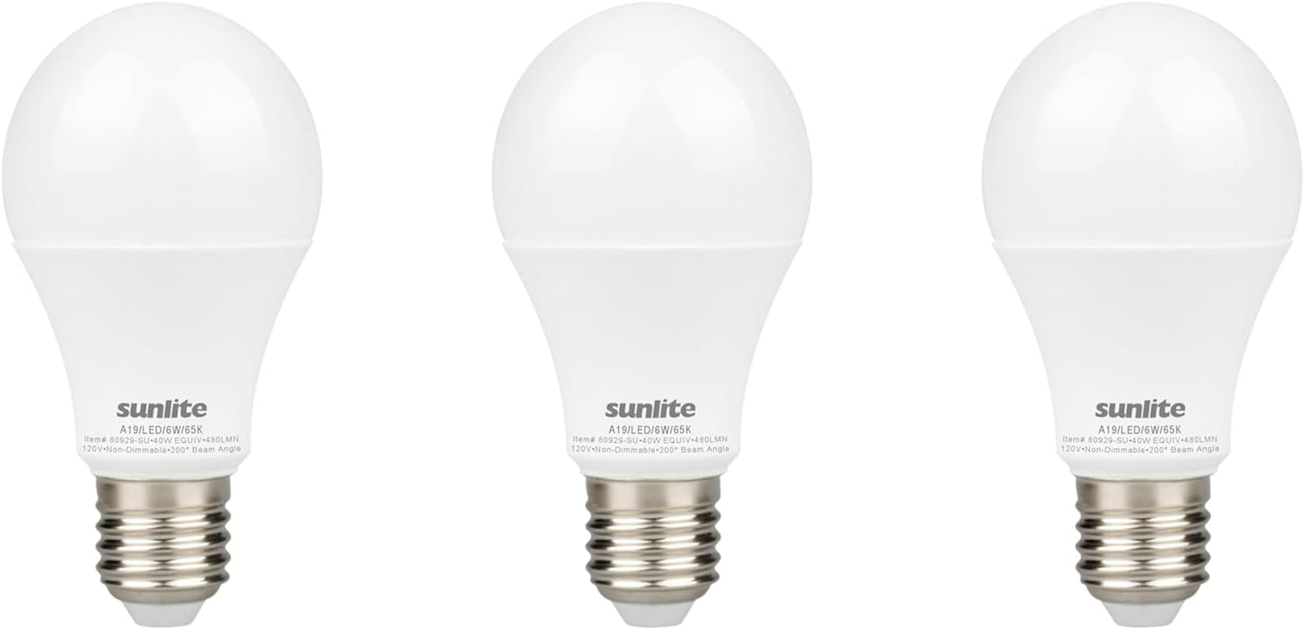 Sunlite LED A19 Light Bulb, 6 Watts (40 Watt Equivalent), 480 Lumens, 120 Volts, Non-Dimmable, 200 Degree Beam Angle, Medium E26 Base, ROHS Compliant, UL Listed, 6500K Daylight, 3 Pack