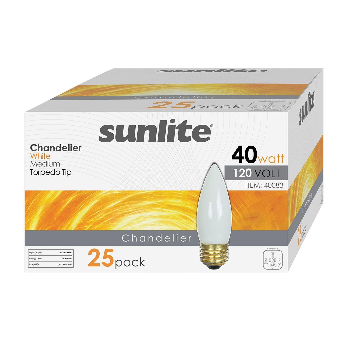 Sunlite 40 Watt Torpedo Tip Chandelier , Medium Base, White