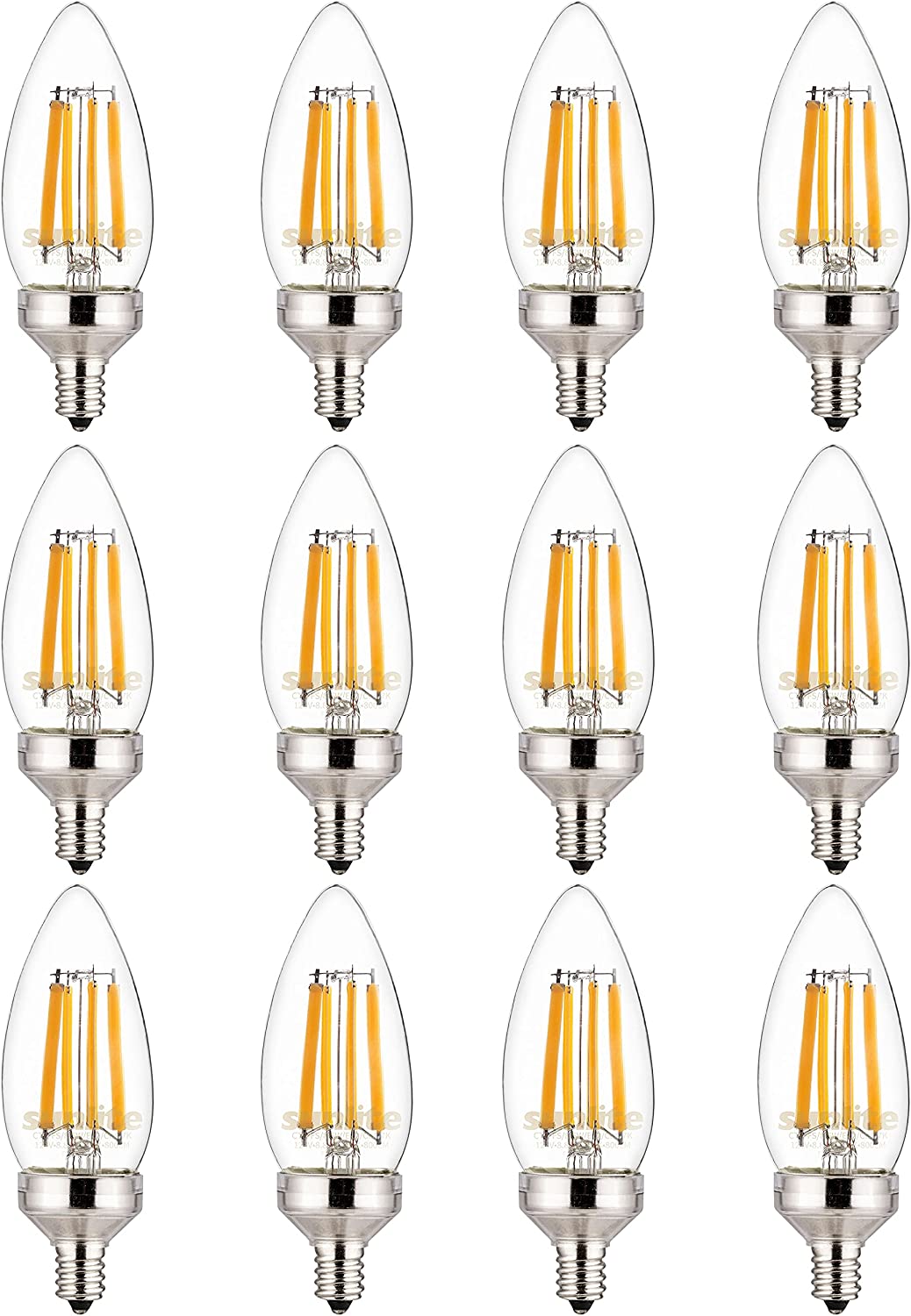 Sunlite 81336 LED Edison B11 Torpedo Tip Chandelier Light Bulb, 7.5 Watts (60 W Equivalent) 800 LUMENS, Candelabra E12 Base, Dimmable, UL Listed, Title 20 Compliant, 90 CRI, 2700K Warm White, Pack of 12