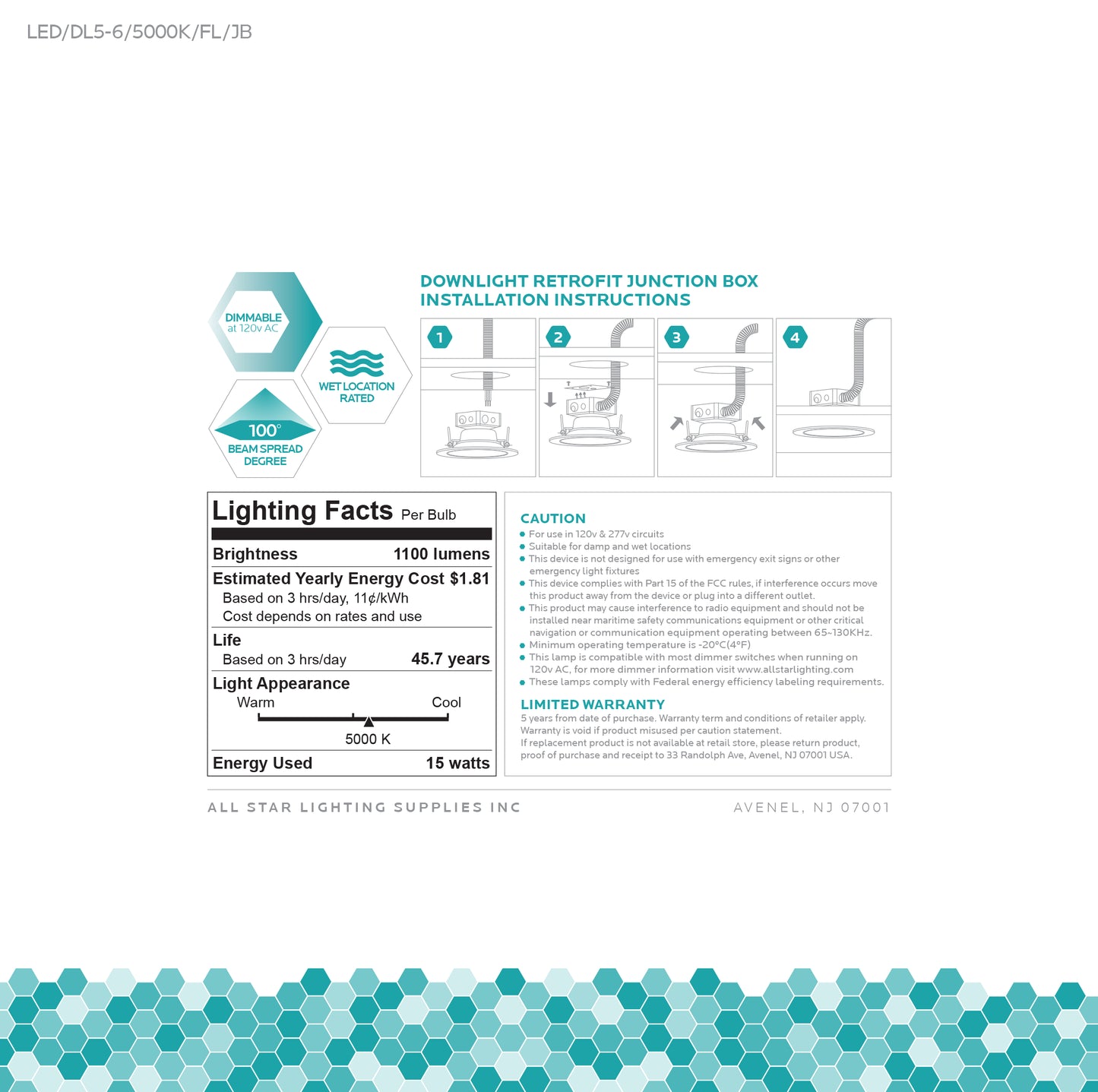 Luxrite Downlight LED/DL5-6/5000K/FL/JB 5000K Bright White