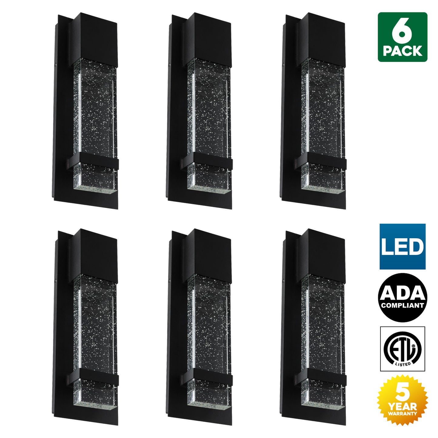 Sunlite 81222-SU LED Wall Sconce with Rain Glass Panel, 13.75 Tall, 5 Wide, 9 Watts, Indoor/Outdoor, Black Finish, ADA Compliant, 50K - Super White 13.75-Inch/5-Inch