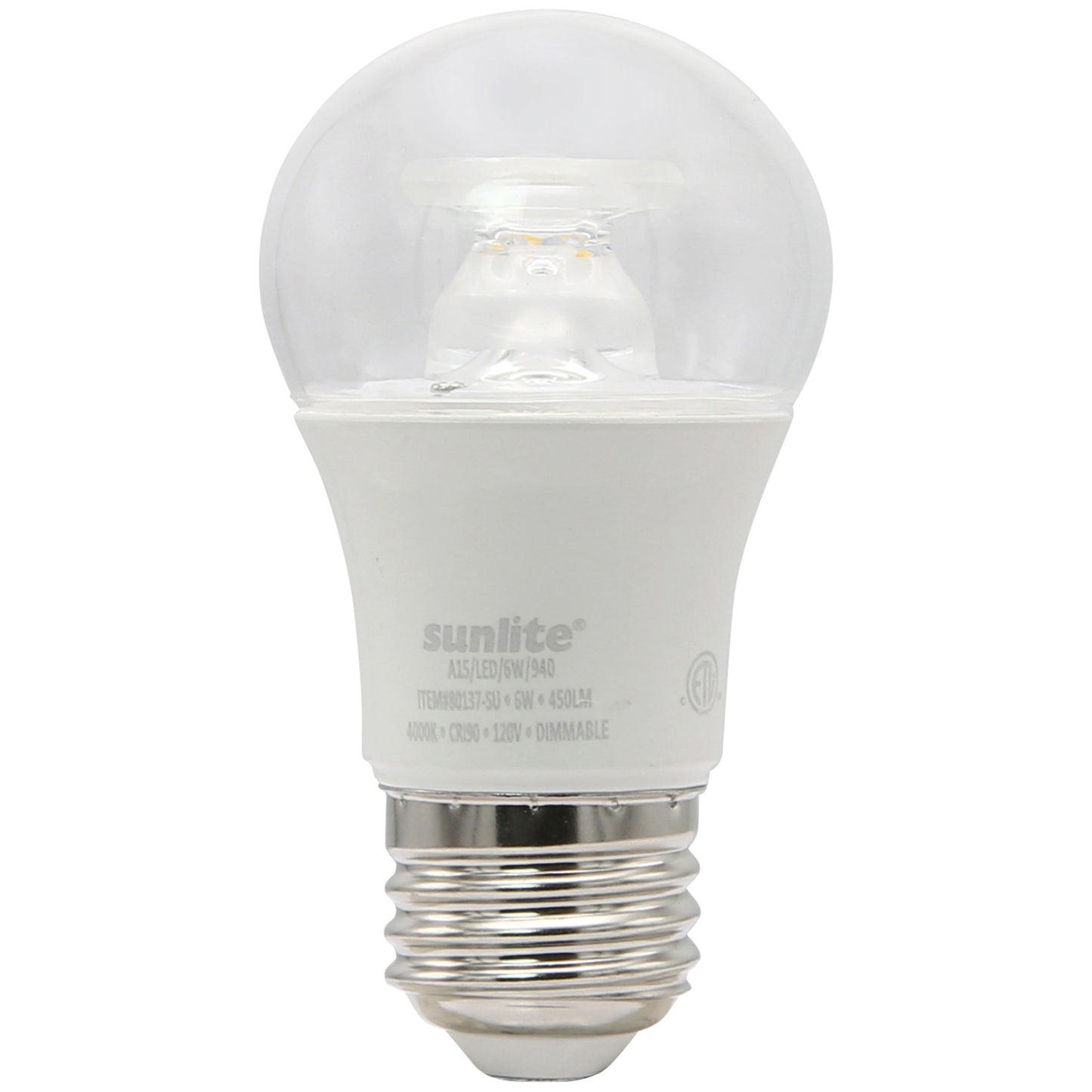 Sunlite 80137 LED A15 Appliance Clear Light Bulb, 6 Watts (40W Equivalent), 450 Lumens, Medium Base (E26), 90 CRI, Dimmable, ETL Listed, Ceiling Fan, 4000K Cool White, 1 Count