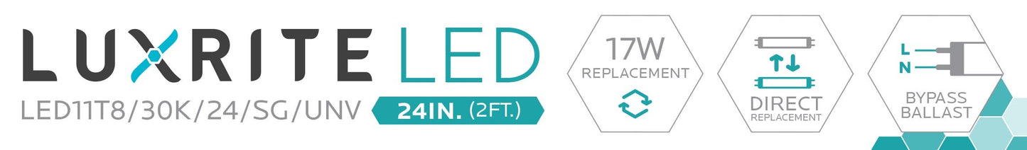 Luxrite LED 2' T8 Universal 11W Shatter Proof Ballast Compatible Light Tube, G13 Base, 1100 Lumens, 3000K - Soft White, 83 CRI, Frosted White Finish, Pack of 5 (LR34070)