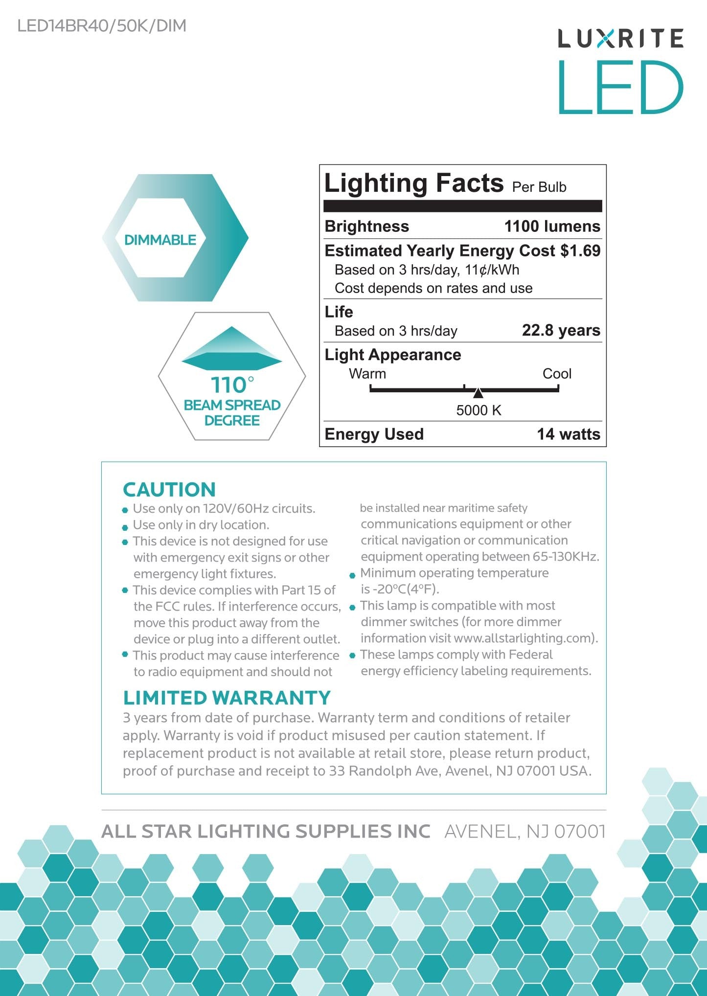 Luxrite LED BR40 Reflector Light Bulb, 14W, 1100 Lumens, 5000K - Bright White, 80 CRI, Frosted White Finish, Dimmable, Pack of 5 (LR31824)