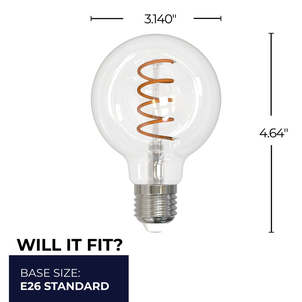 Bulbrite LED Curved Filament Pack of (4) 4.5 Watt Dimmable G25 Light Bulbs with a Clear Finish and Medium (E26) Base - 2100K (Warm Amber Light), 350 Lumens