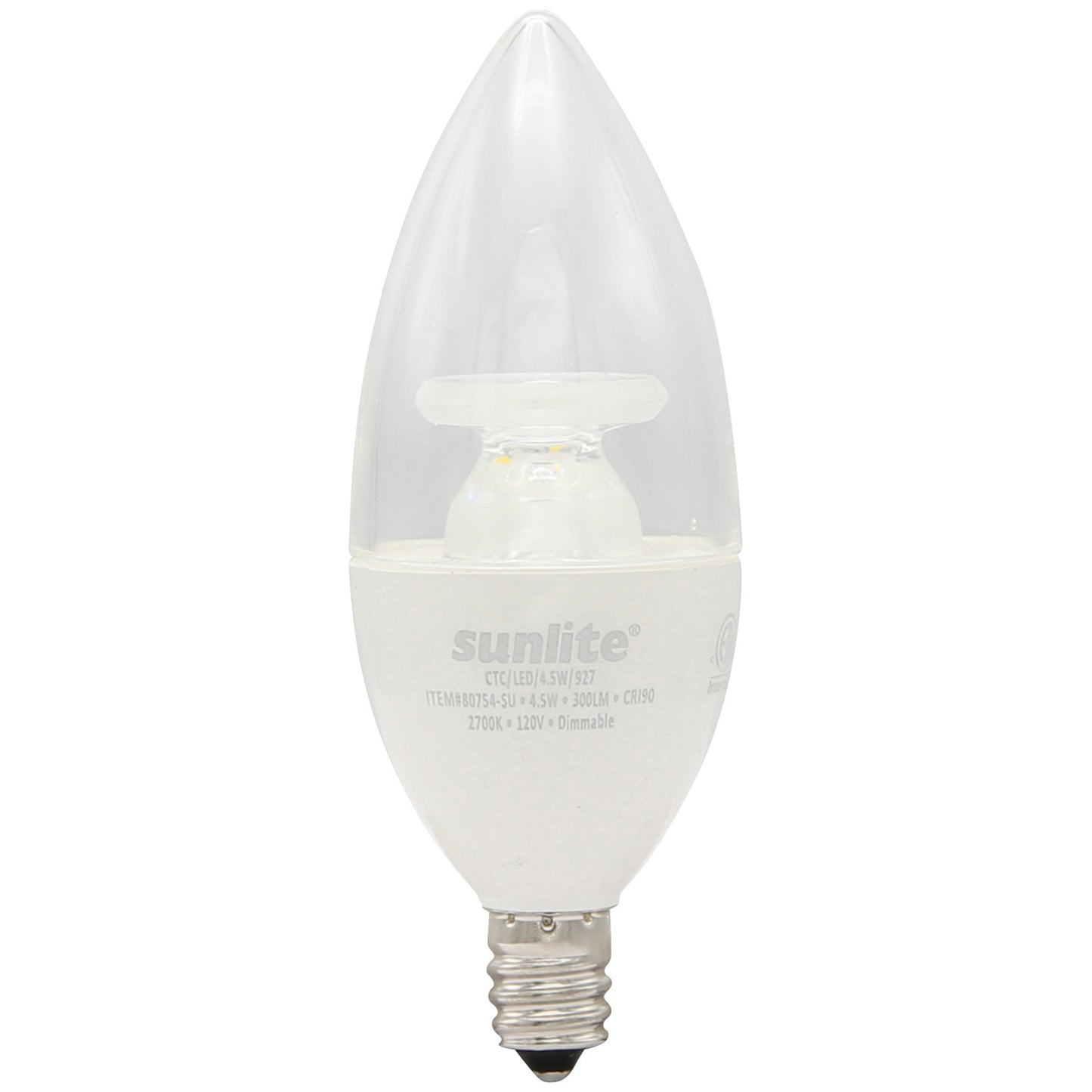 Sunlite 80754 CTC/LED/4.5W/927 Decorative E12 Base Clear Dimmable Energy Star CRI90 2700K