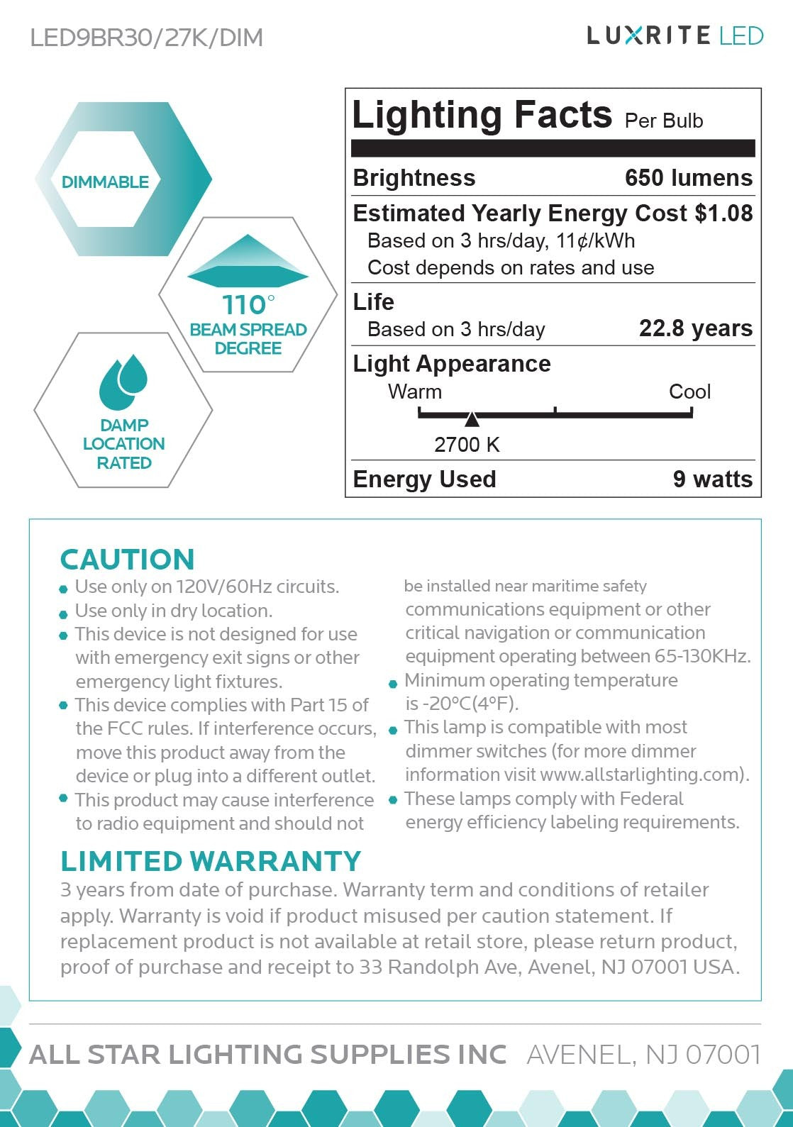 Luxrite LED BR30 Reflector Light Bulb, 9W, 650 Lumens, 2700K - Warm White, 80 CRI, Frosted White Finish, Dimmable (LR31850)