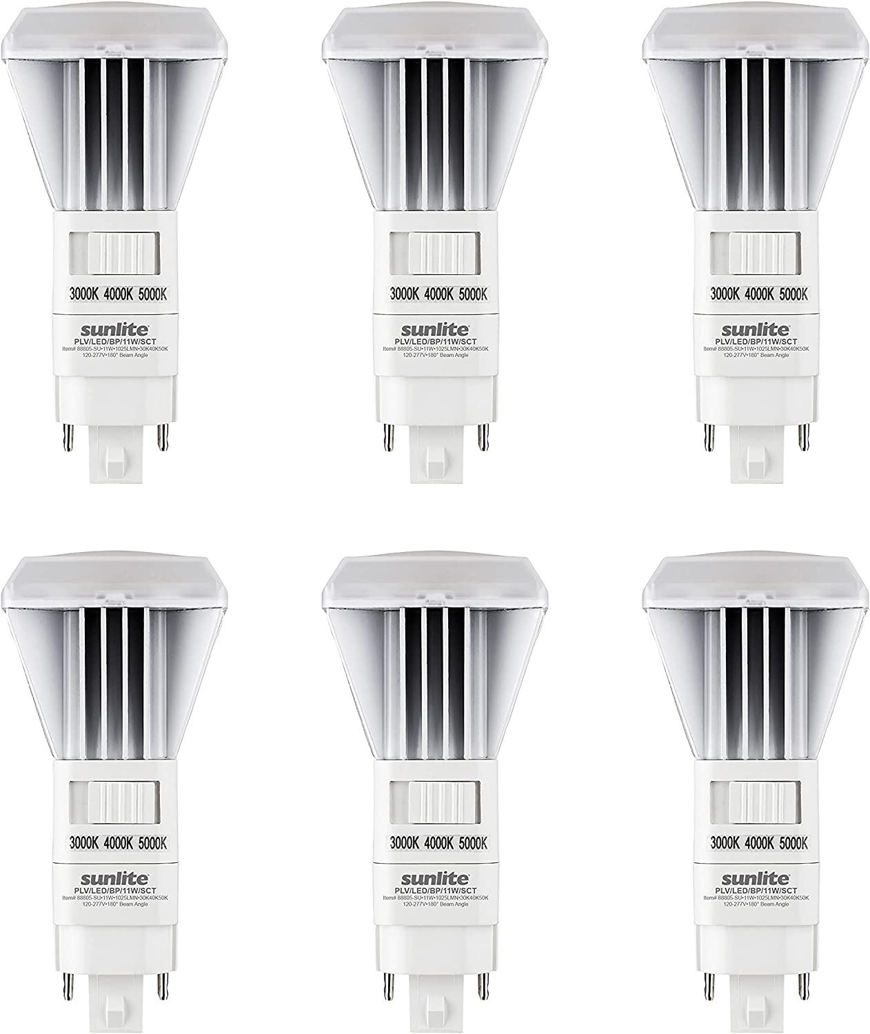 Sunlite 88805 LED CCT PLV Recessed Plug & Play Light Bulb, 11 Watt 18W Fluorescent Replacement 1025 Lumens, G24q 4 Pin Base Vertical, Electronic Ballast Compatible, 3000K -5000K Tunable Switch, Pack of 6