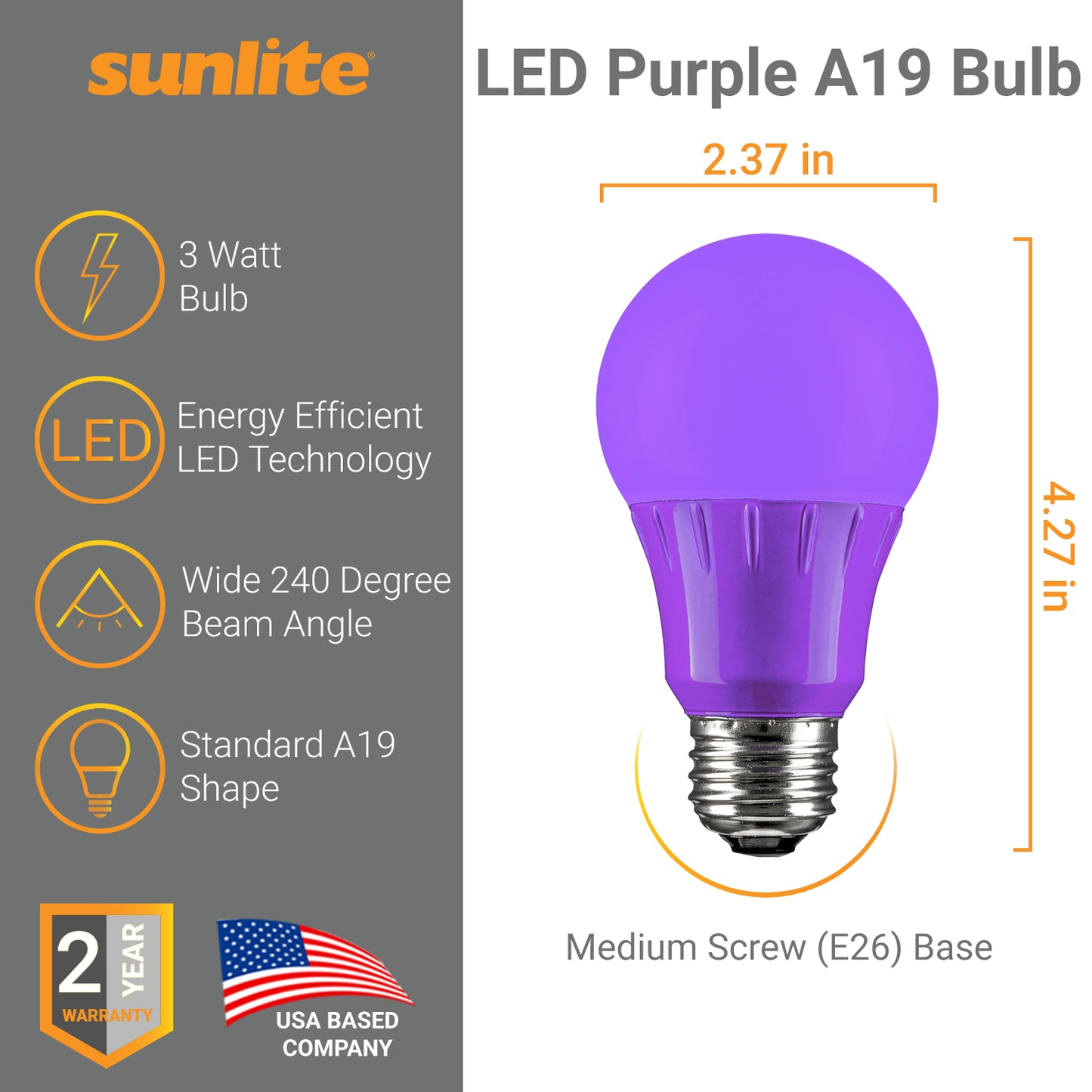 Sunlite 80132 Purple LED A19 3 Watt Medium Base 120 Volt UL Listed LED Light Bulb, last 25,000 Hours