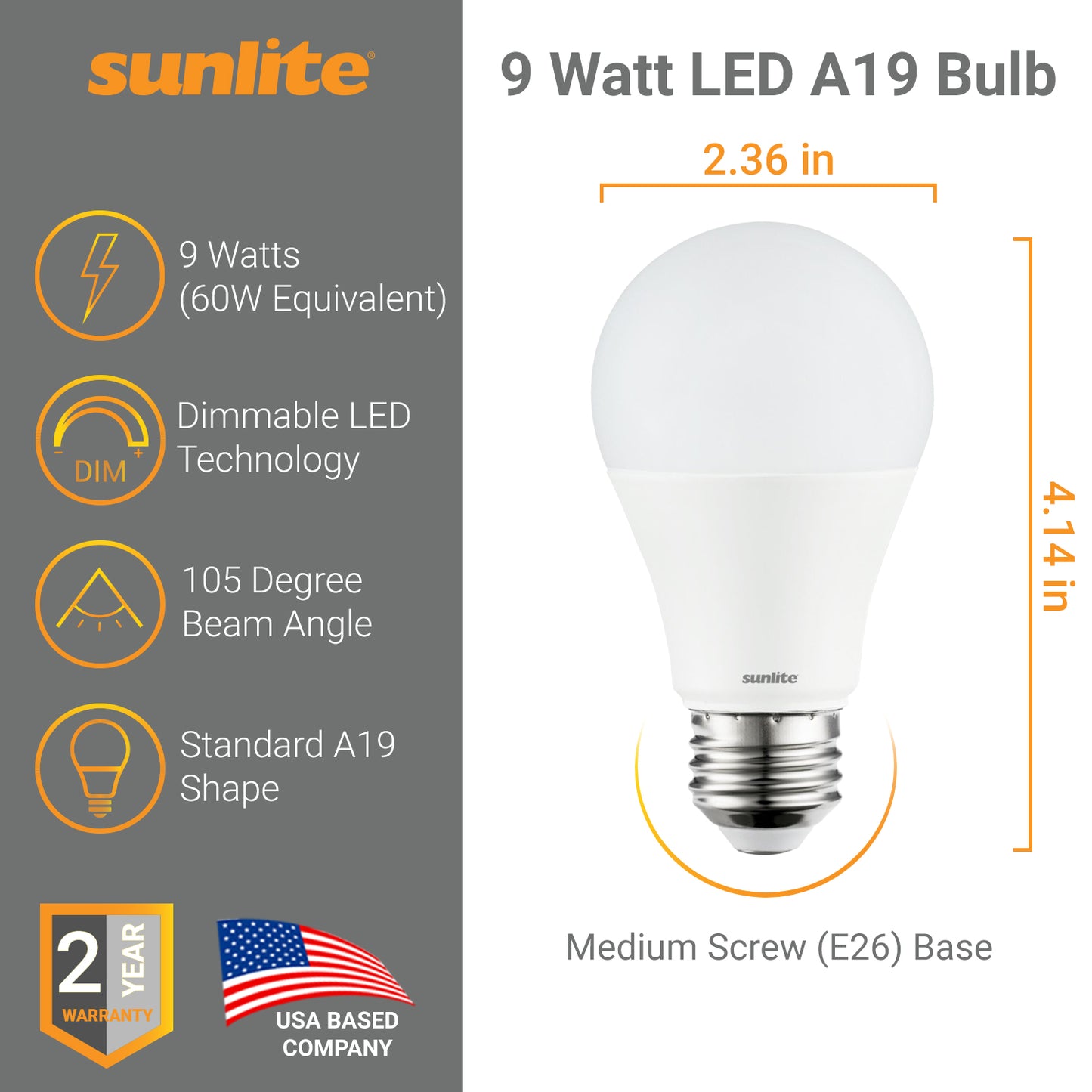 Sunlite 80592-SU LED A19 Light Bulb, 9 Watts (60W Equivalent), 800 Lumens, Dimmable, Medium Base (E26), UL Listed, 30K - Warm White 1 Pack