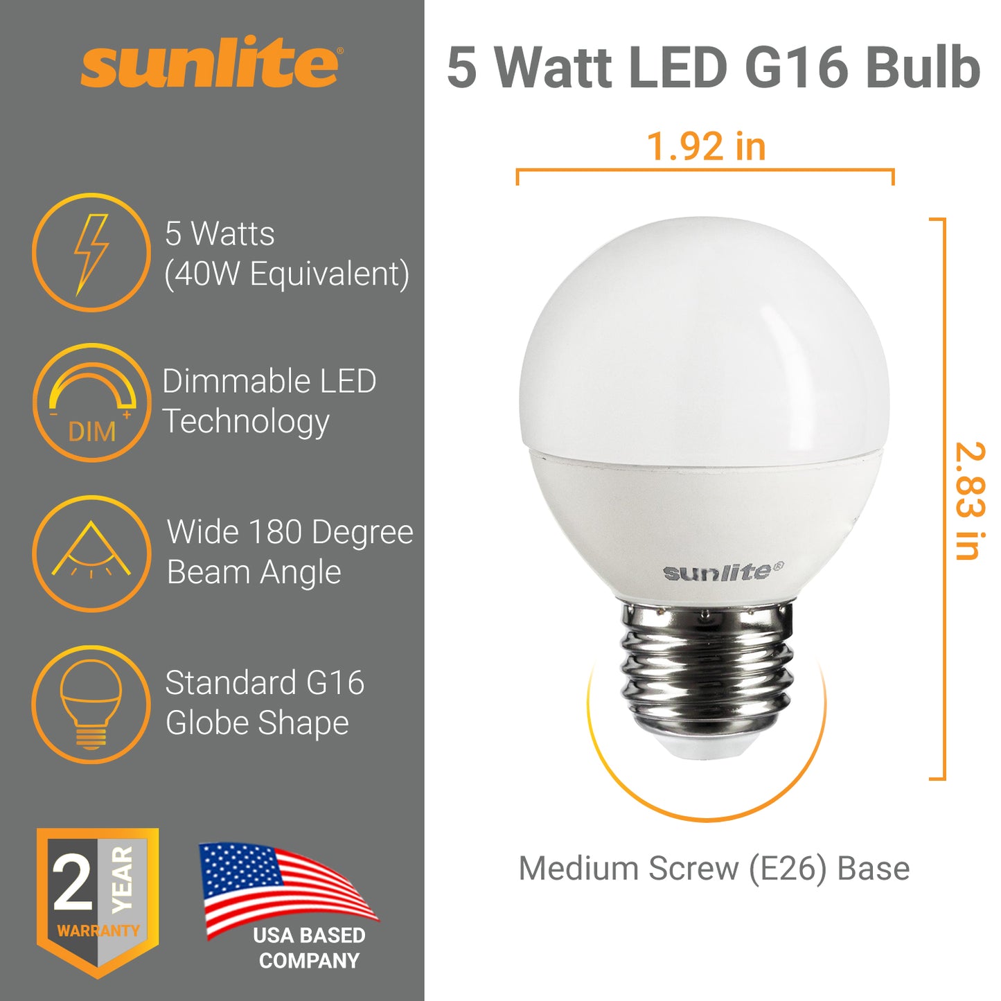 Sunlite G16/LED/5W/D/E26/FR/ES/27K LED 5W (40 Equivalent) Frosted G16 Decorative Globe Light Bulbs, Medium (E26) Base, 2700K Warm White