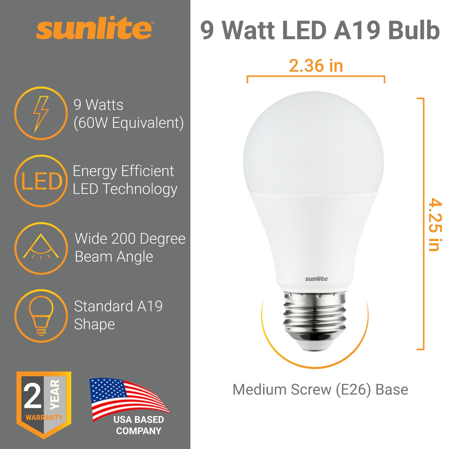 3 Pack Sunlite A19 LED Bulbs, 9 Watt (60 Watt Equivalent), 800 Lumens, Medium (E26) Base, 5000K Super White, UL Listed