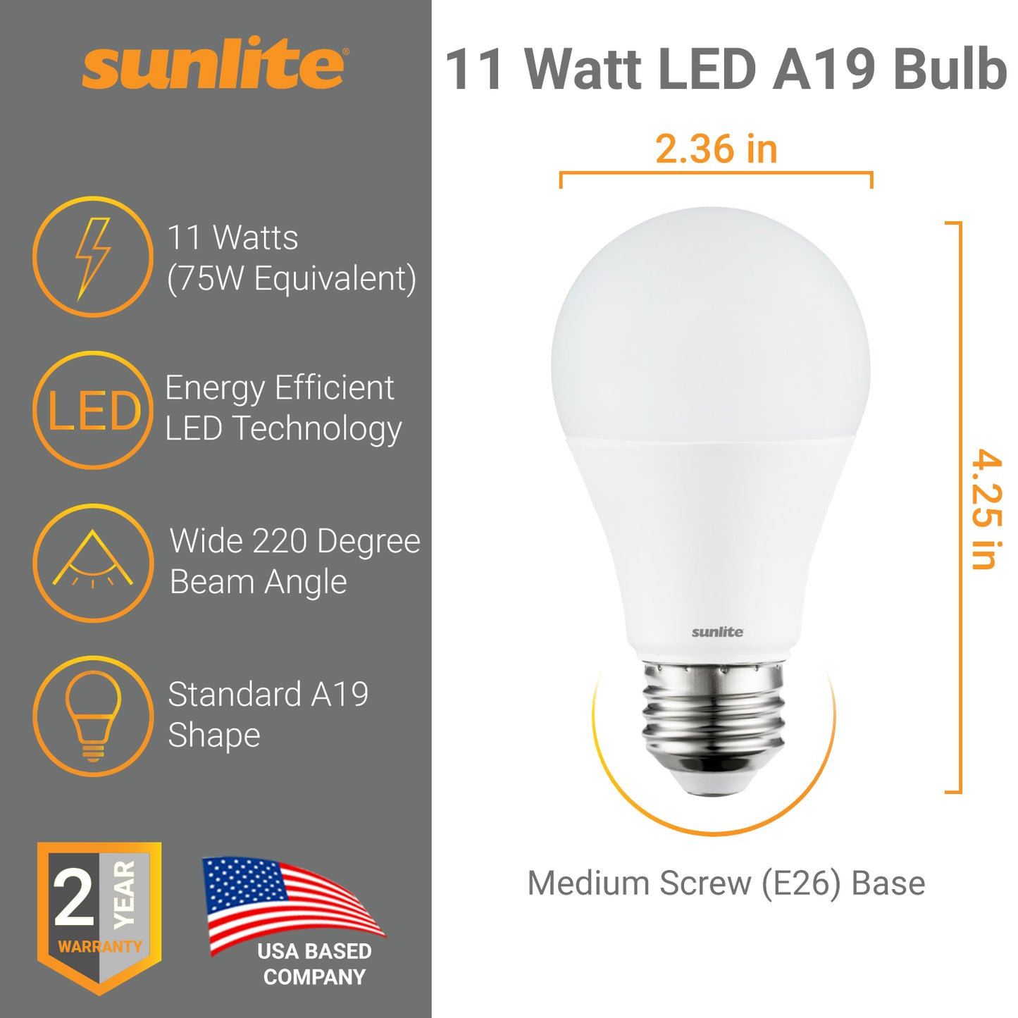 3 Pack Sunlite A19 LED Bulbs, 11 Watt (75 Watt Equivalent), 1100 Lumens, Medium (E26) Base, 3000K Warm White, UL Listed, Energy Star