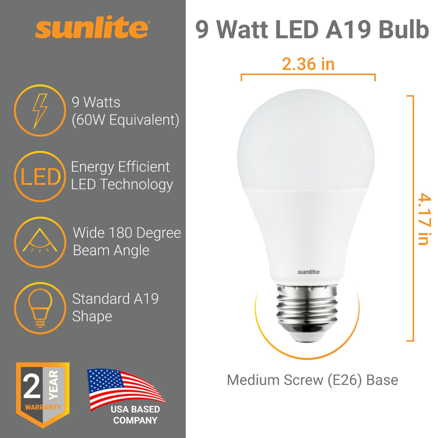 12 Pack Sunlite LED A19 Bulbs, 9 Watt (60 Watt Equivalent), 3000K Warm White, Non-dimmable
