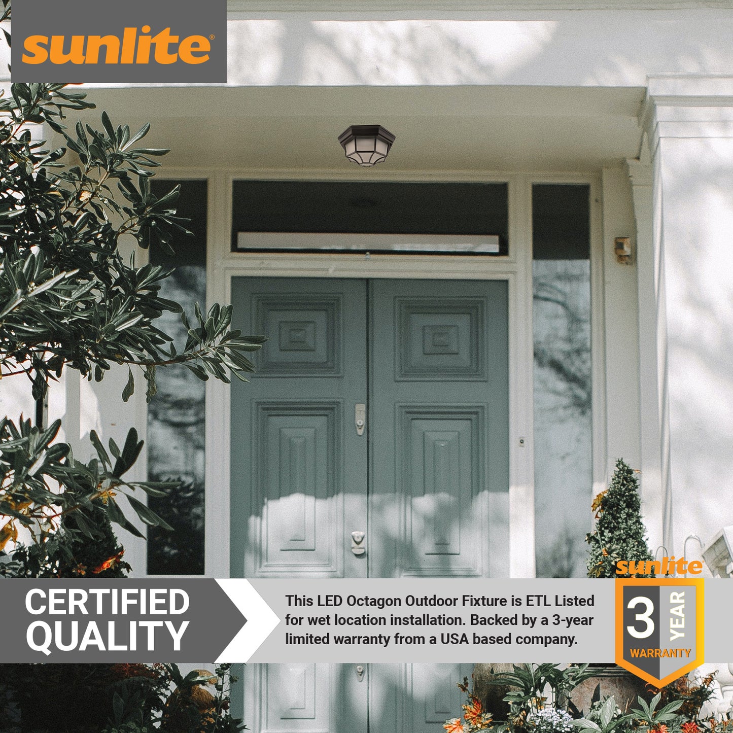 Sunlite 12" Octagon LED Decorative Outdoor Fixture, 17 Watts, 120 Volts, Dimmable, 800 Lumens, Matte Black Finish with Frosted Glass Lens, For Porches, Entryways, ETL Listed for Wet Location, 3000K Warm White