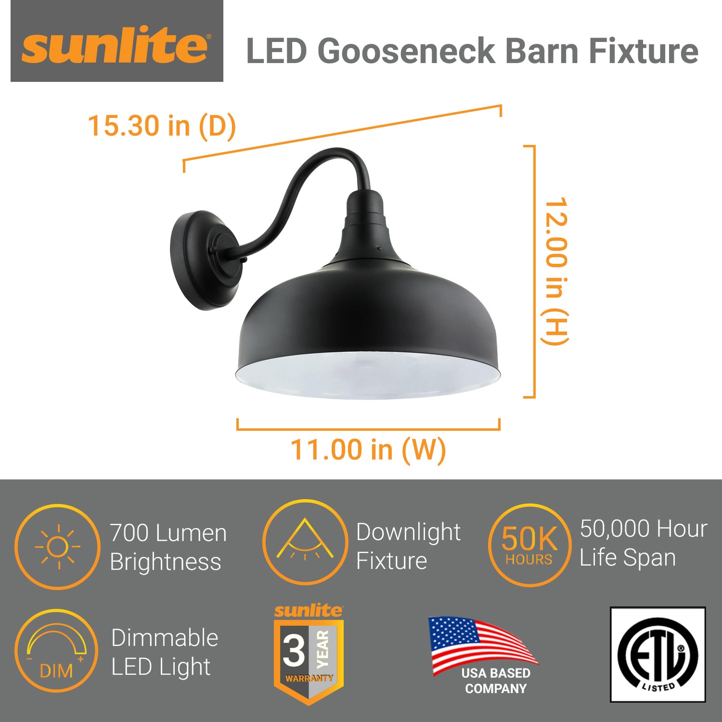 Sunlite 81315-SU LED Gooseneck Rustic Barn Fixture, 30 Watts, 120 Volts, Dimmable, 700 Lumen, 50,000 Hour Life Span, Outdoor or Indoor, Matte Black Finish, ETL Listed, 30K - Warm White