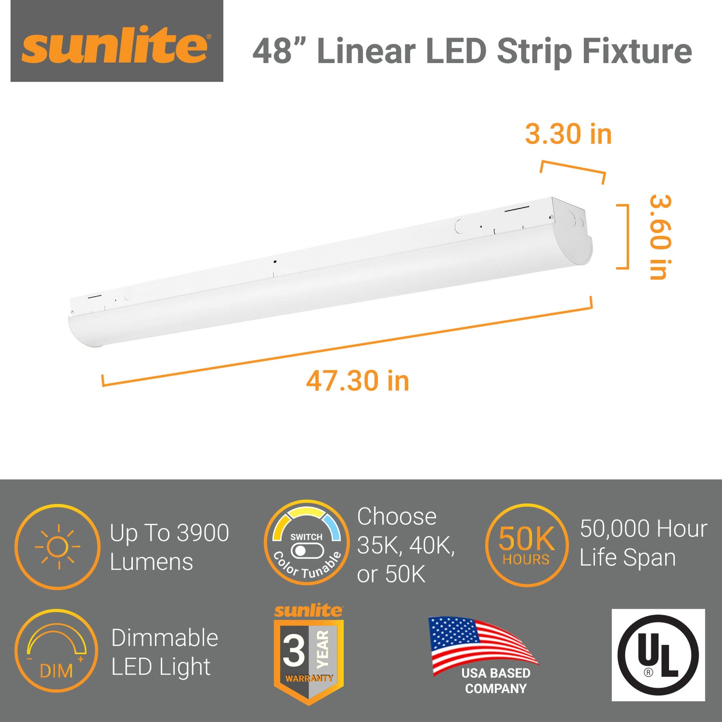 Sunlite 48" Linear Tunable LED Strip Fixture, 18/25/30 Watts, 35K/40K/50K Color Temperature, 120-277 Volts, Dimmable, Up to 3900 Lumens, 50,000 Hour Life Span, UL Listed, DLC Listed, White Finish