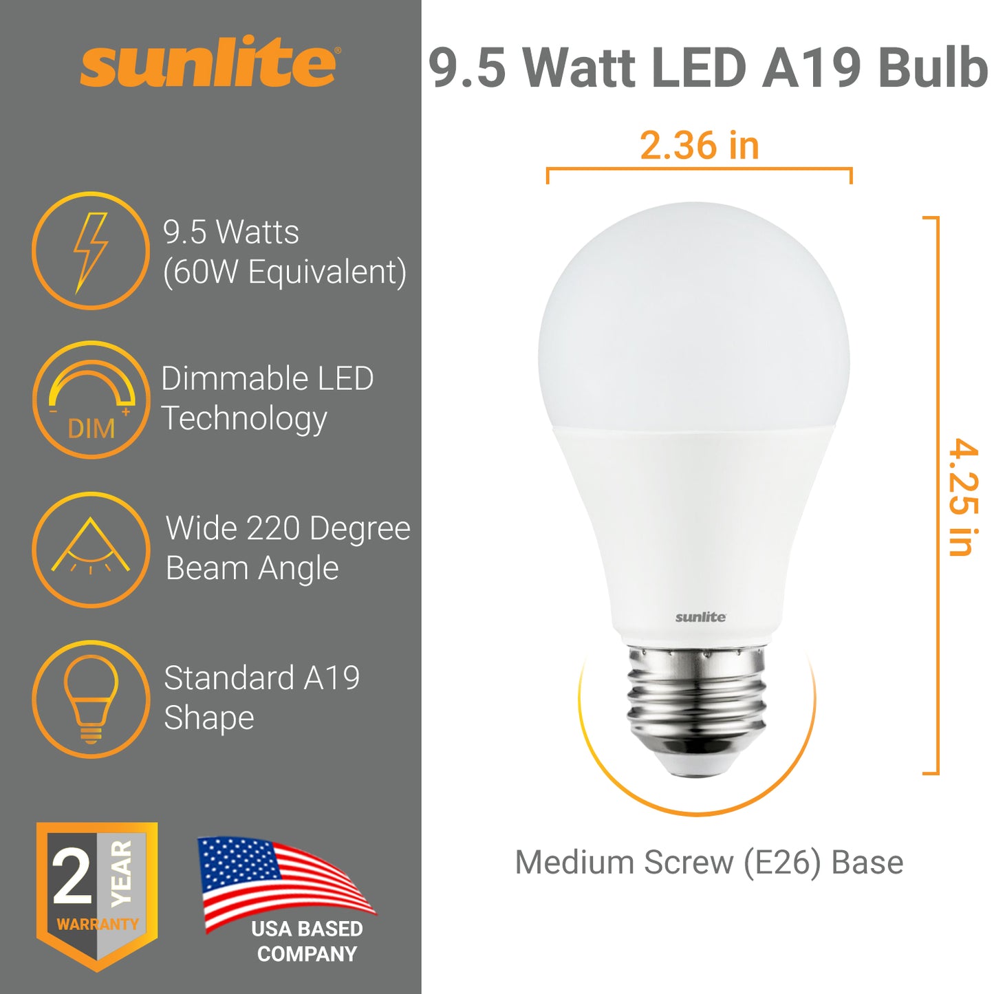 Sunlite 88390-SU LED A19 Light Bulb, 9.5 Watts (60W Equivalent), Medium Base (E26), Dimmable, 800 Lumens, UL Listed, Energy Star, 30K - Warm White 1 Pack