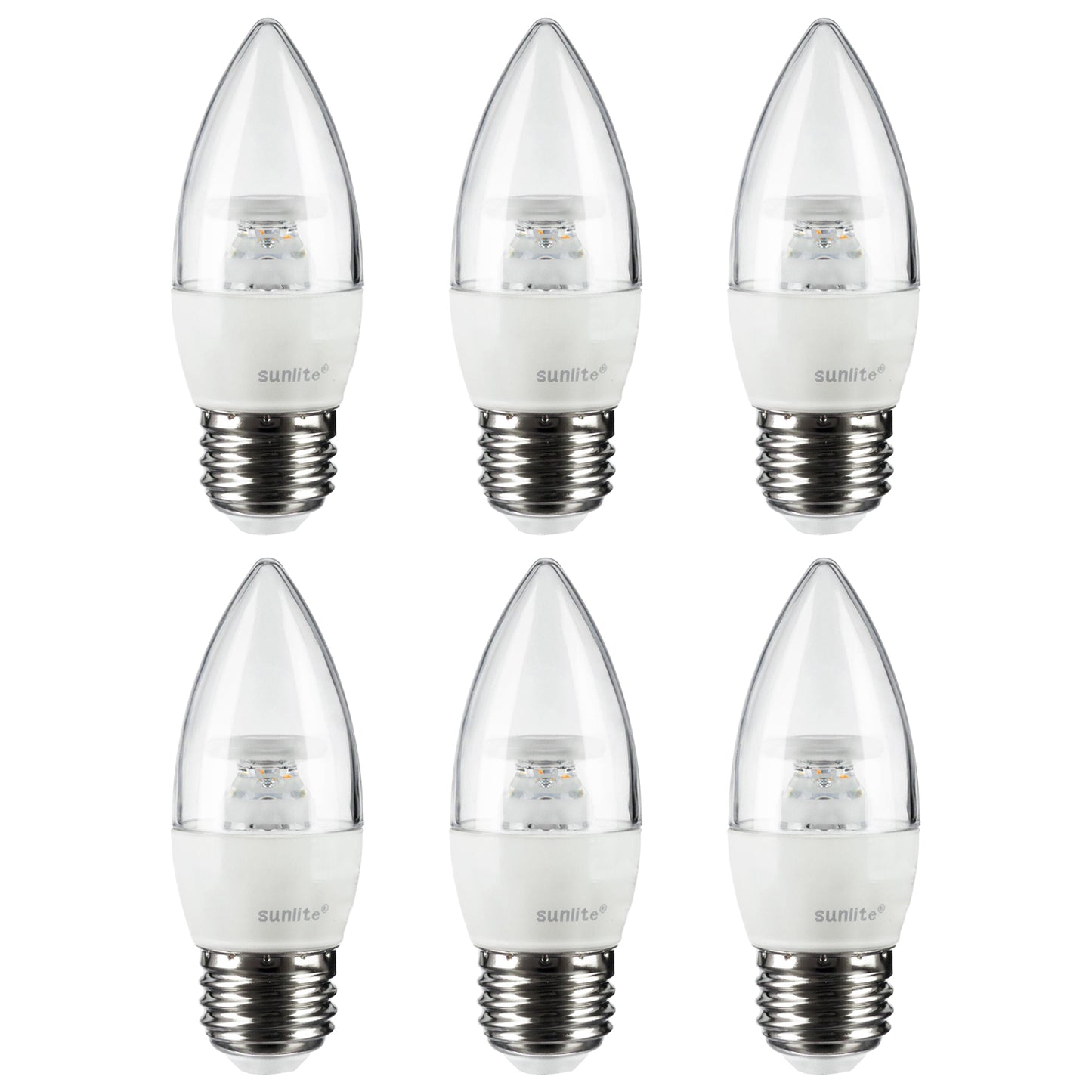 Sunlite 41381-SU LED Torpedo Tip B11 Chandelier Light Bulb, 7 Watts (60W Equivalent), 500 Lumens, Medium Base (E26), Dimmable, Energy Star, 2700K - Warm White, 6 Pack, Clear