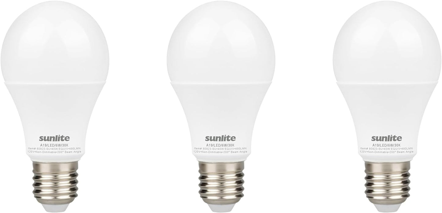 Sunlite LED A19 Light Bulb, 6 Watts (40 Watt Equivalent), 480 Lumens, 120 Volts, Non-Dimmable, 200 Degree Beam Angle, Medium E26 Base, ROHS Compliant, UL Listed, 3000K Warm White, 3 Pack