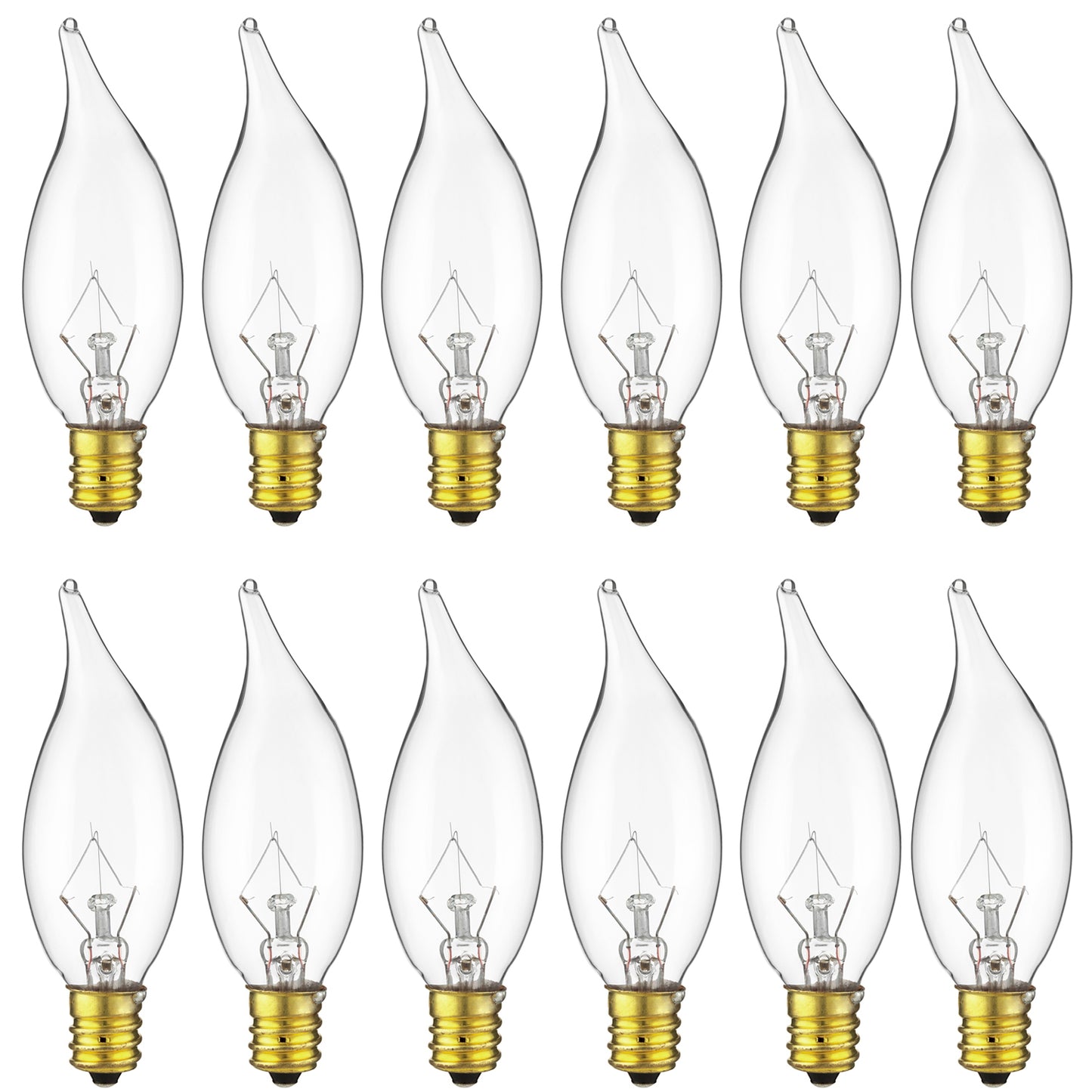 Sunlite 40009 15CFC/25/12PK Flame Tip 15W Incandescent Petite Chandelier Light Bulb, Candelabra (E12) Base, Crystal Clear Bulb (12 Pack)