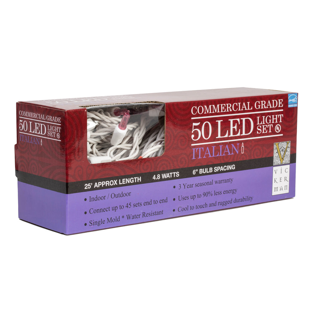 Vickerman 50 Magenta Italian LED on White Wire, 25' Christmas Single Mold Light Strand- 2 Pack