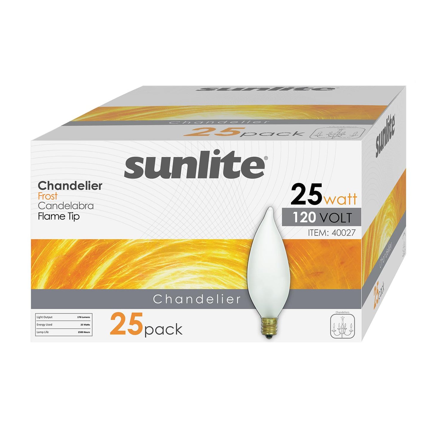 Sunlite 25 Watt Flame Tip Chandelier, Candelabra Base, Frost