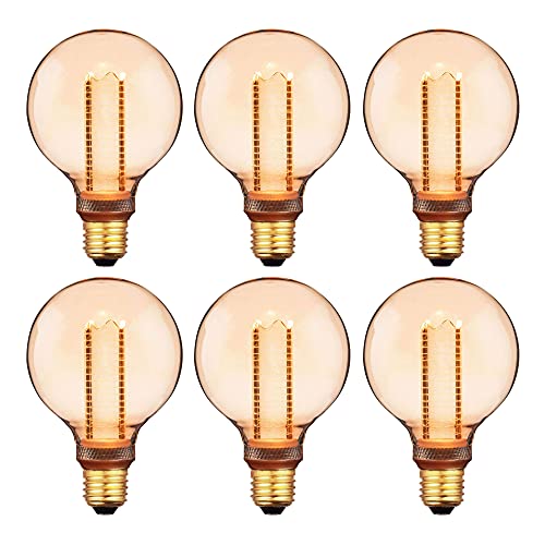 Sunlite 81255 LED G40 Virtual Filament Globe Light Bulb, 3.5 Watts (15W Equivalent), 120 Lumens, Medium E26 Base, Clear Glass, Dimmable, Acrylic Inner Pillar, UL Listed, 2000K Amber, 6 Pack