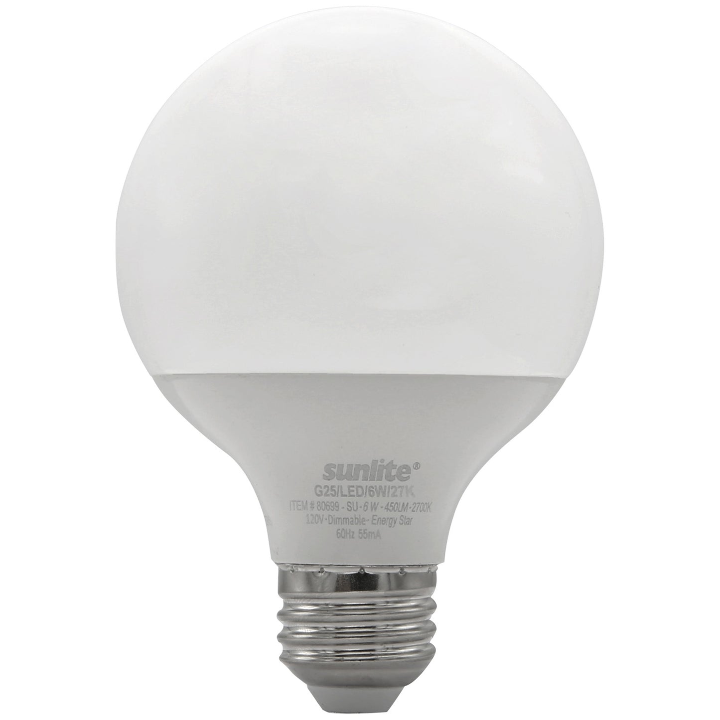 Sunlite 80699 LED G25 Globe Light Bulb, 6 Watts (40W Equivalent), Medium E26 Base, 450 Lumens, Dimmable, UL Energy Star Certified, Decorative Frosted, Vanity Mirror, 2700K Warm White, 1 Count