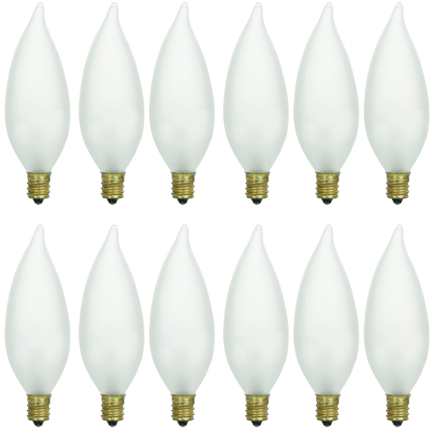 Sunlite 40026-SU 12-Pack Flame Tip Chandelier Bulbs, 25 Watts, Candelabra Base (E12), 120 Volt, Frost, Incandescent, Dimmable, 32K - Warm White