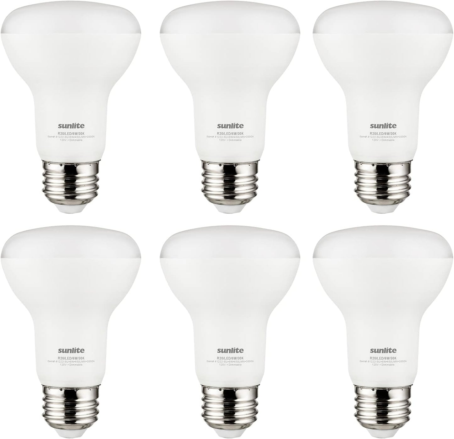 Sunlite 81438 LED 90 CRI R20 Recessed Light Bulb, 8 Watts (50W Equivalent), 525 Lumens, Dimmable, Medium Base (E26), Wide 110° Beam Angle, Energy Star Certified, UL Listed, 3000K Warm White, Pack of 6