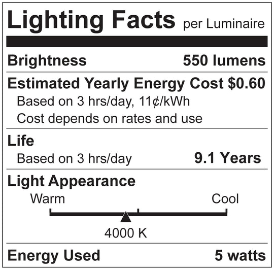 Luxrite LED B11 Torpedo Tip Chandelier Light Bulb, E12 Candelabra Base, 5W, 4000K - Cool White, 500 Lumens, 80 CRI, Clear Finish, Dimmable (LR21596)