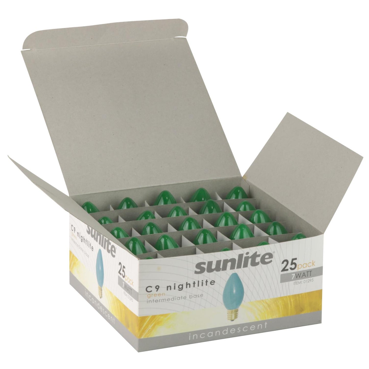 25 Pack Sunlite 7 Watt C9 Colored Night Light, Intermediate Base, Ceramic Green