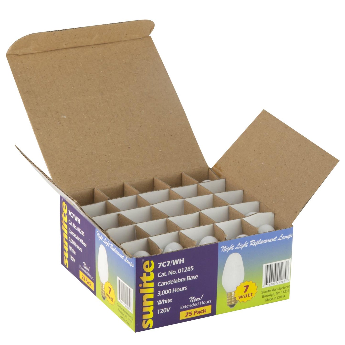 25 Pack Sunlite 7 Watt C7 Night Light, Candelabra Base, White