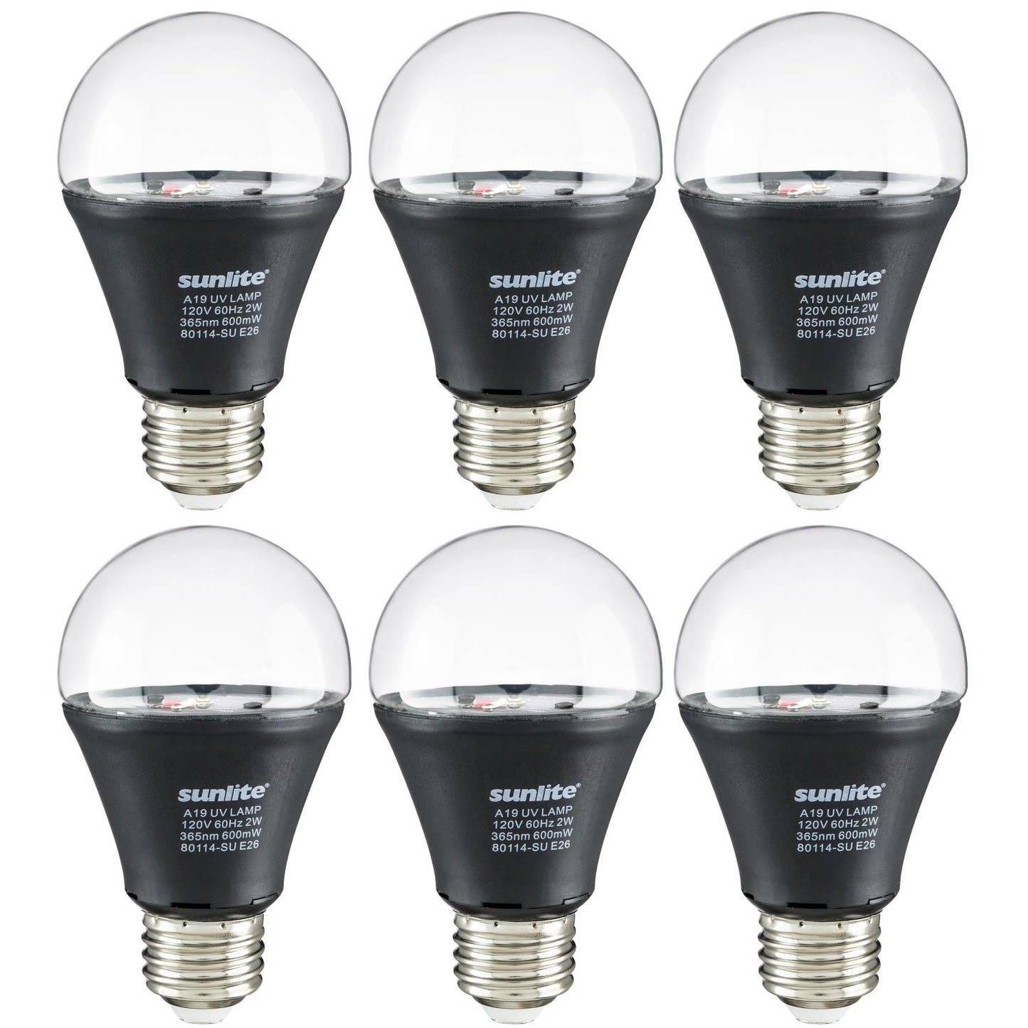 Sunlite 40741-SU LED A19 Black Light Bulb, 2 Watt, Medium Base (E26), 365nm Wavelength, Glow Parties, Blacklight Blue, Decoration, Special Effects, Security Applications, ETL Listed 6 Pack