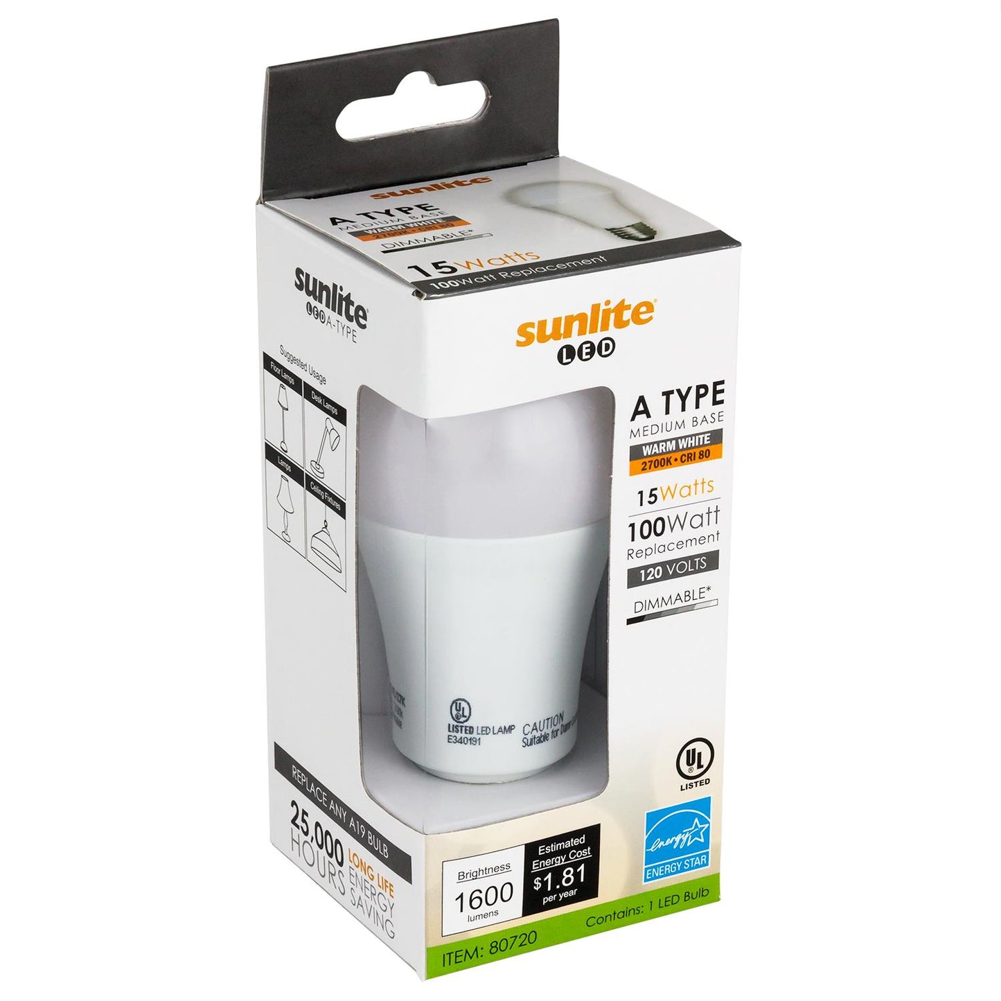 Sunlite A19/LED/15W/D/E/30K Led 15W (100W Equivalent) A19 Light Bulbs, 3000K Warm White Light, Medium (E26) Base