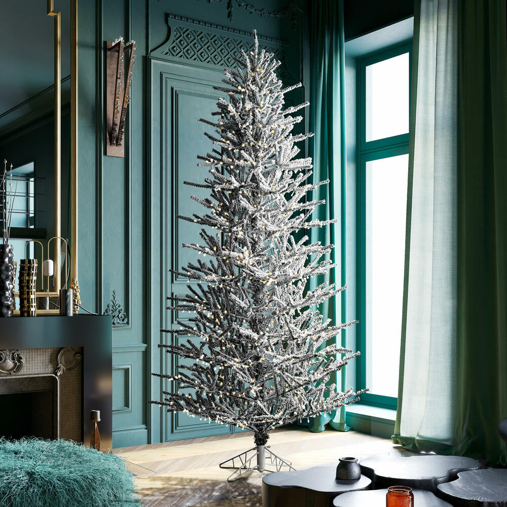 Vickerman 7.5' x 46" Flocked Slim Pistol Pine Artificial Christmas Tree with Warm White LED Lights.