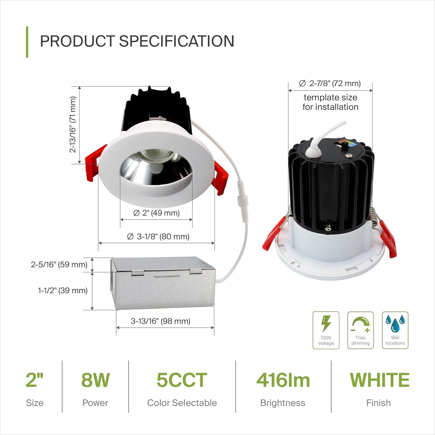 ASD Lighting LED Downlight Round 2inch 8W 120V Triac 2700/3000/3500/4000/5000K Wall Wash Trim White ETL
