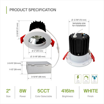 ASD Lighting LED Downlight Round 2inch 8W 120V Triac 2700/3000/3500/4000/5000K Wall Wash Trim White ETL