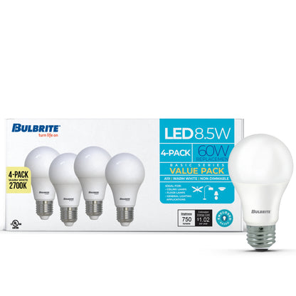 Bulbrite 774247 8.5W LED A19 60W EQUIV BASICS NON-DIMMABLE 2700K E26 120V - 4PK