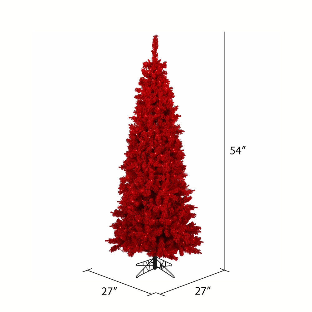 Vickerman 4.5' Flocked Red Slim Fir Artificial Christmas Tree Red Dura-lit LED Lights