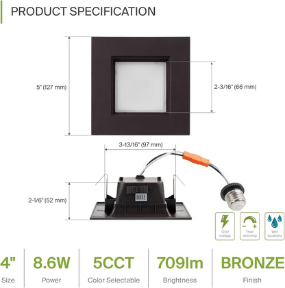 ASD Lighting LED Square Downlight Retrofit Kit 4" 8.6W 120V CCT Selectable 2700/3000/3500/4000/5000K Dimmable PC, Baffle Trim, Oil Rubbed Bronze UL 6pack